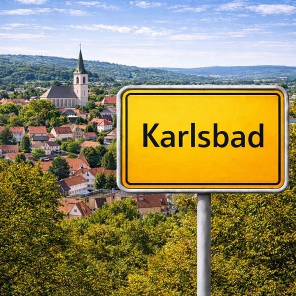 Gelbes Ortsschild Karlsbad mit Stadt im Hintergrund