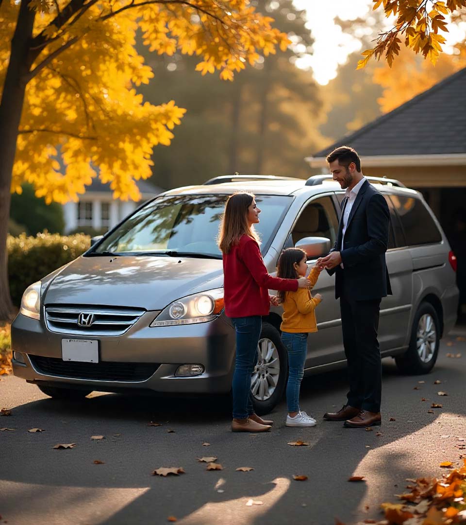 Eine Familie übergibt ein Auto an einen Händler beim Autoankauf Karlsbad vor dem Haus